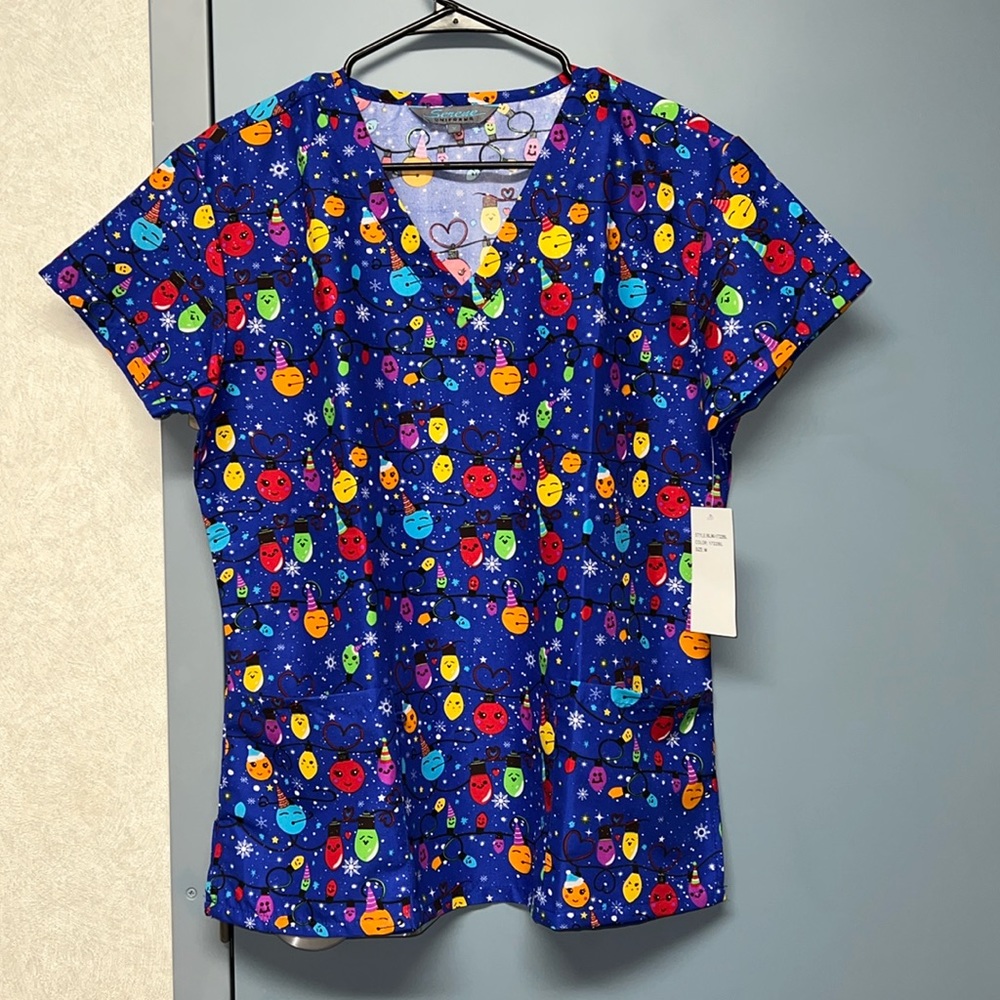 Serene Uniforms Womens Christmas Bulbs V-Neck Scrub Top
